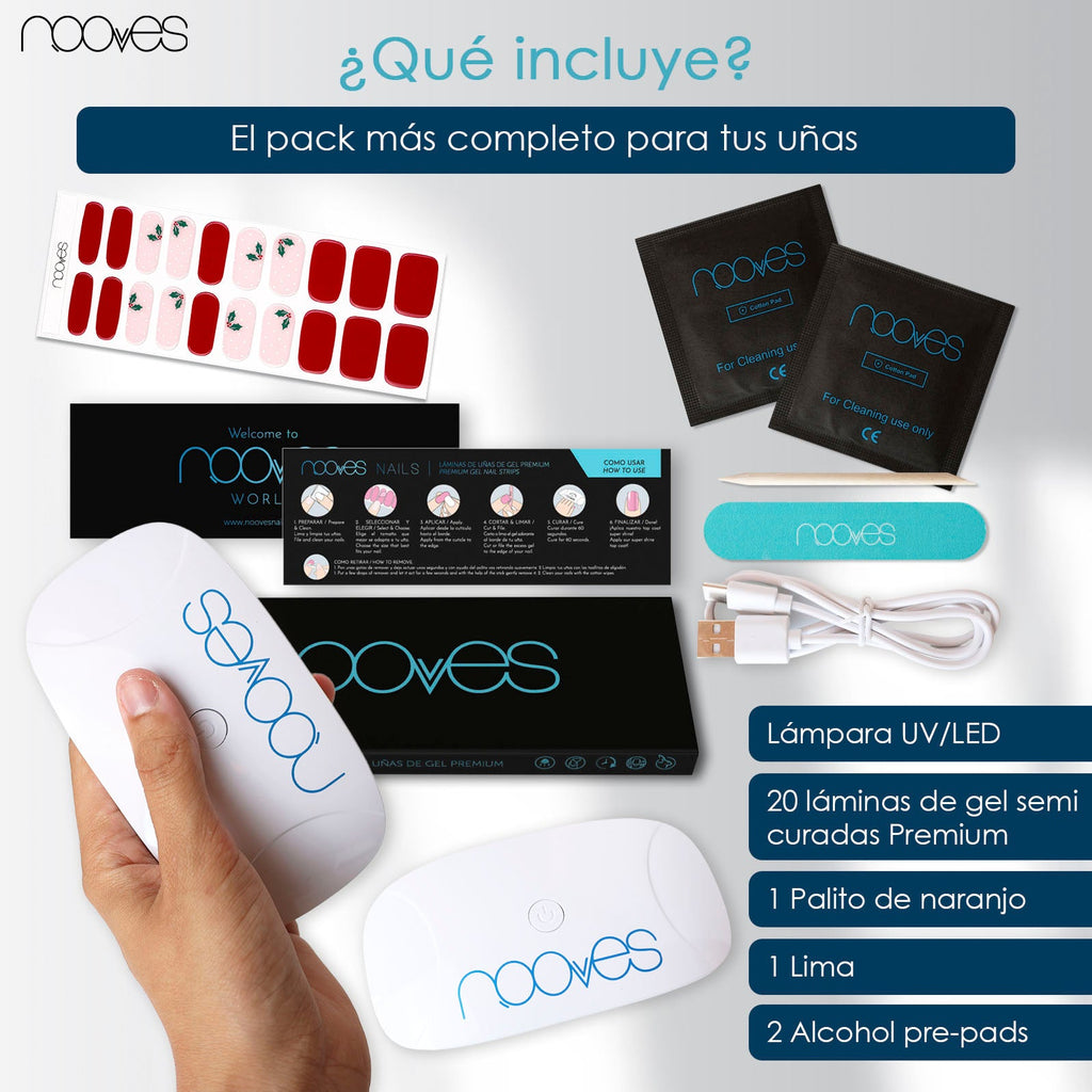Pack Lámina de uñas de gel Premium precurado Nooves Diseños Navidad + Lámpara uñas UV/LED PORTÁTIL 8w-1