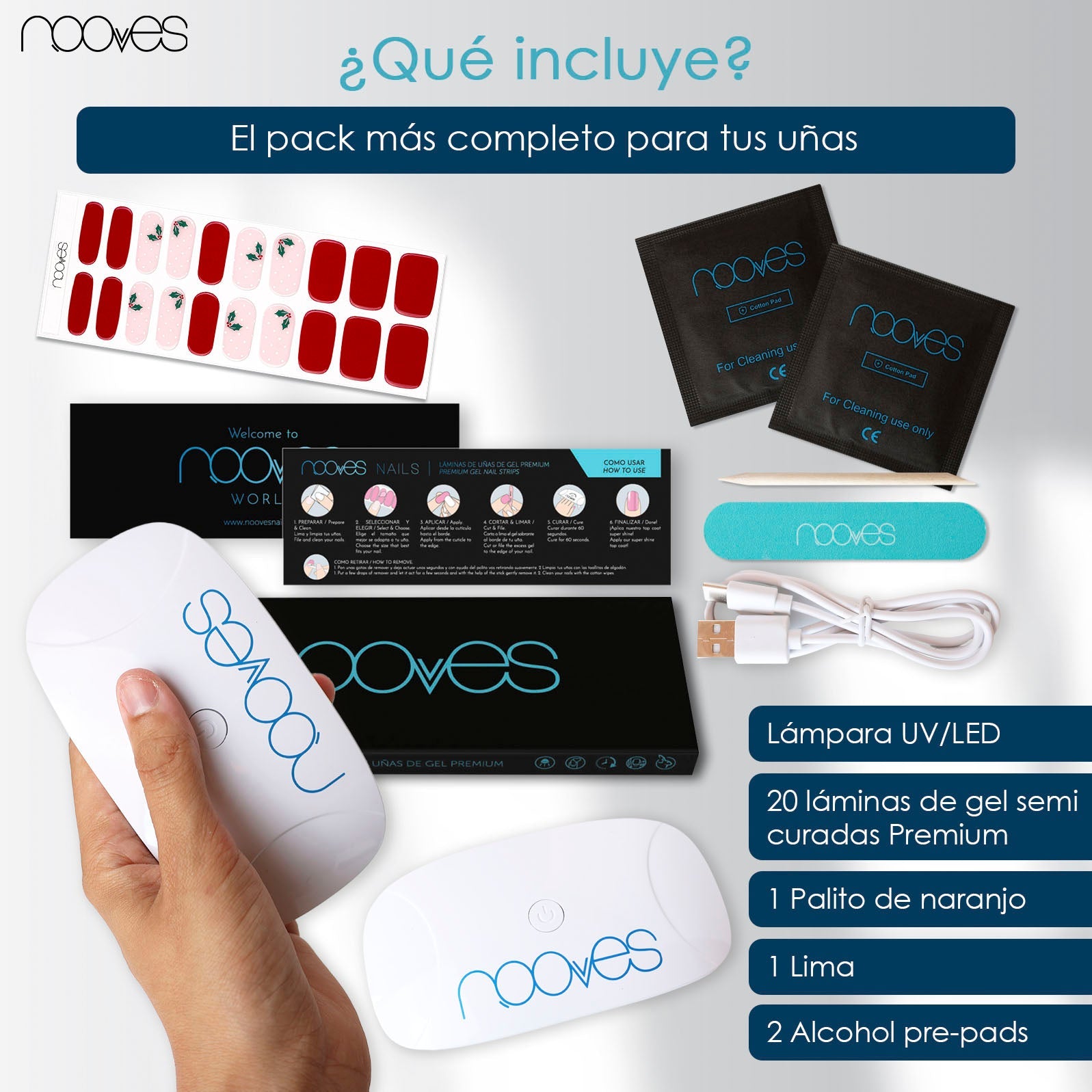 Pack Lámina de uñas de gel Premium precurado Nooves Diseños Navidad + Lámpara uñas UV/LED PORTÁTIL 8w-1